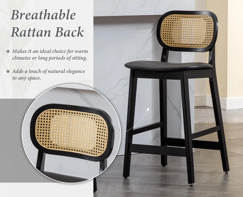 Ya-Home Lot de 2 Tabourets de Bar en Bois Chaise de Bar Rotin Tabourets de Cuisine Confortable en Cuir PU Chaise Bar avec Repose-Pieds, Noir