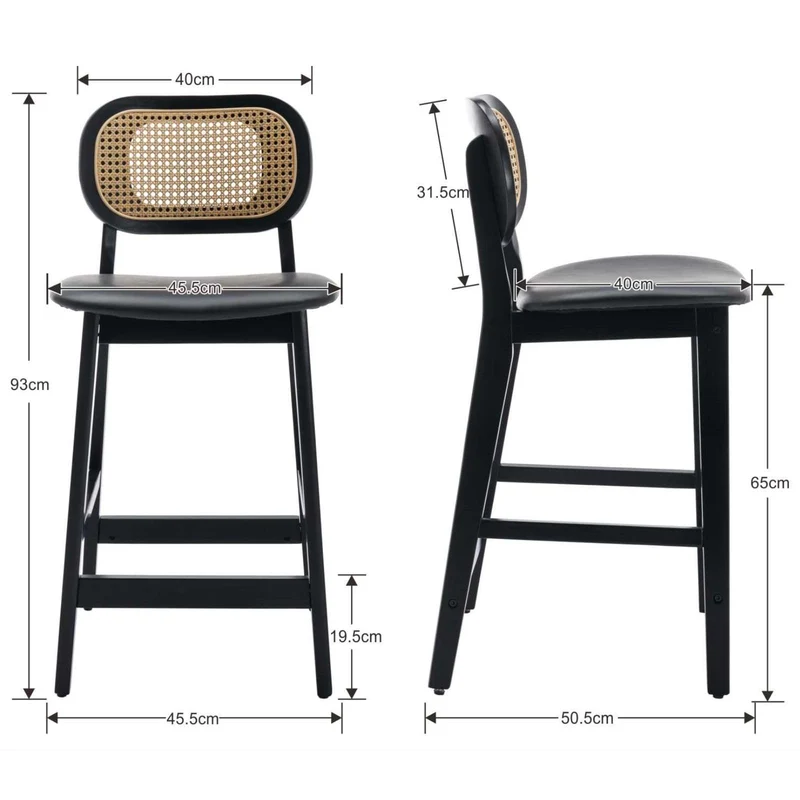 Ya-Home Lot de 2 Tabourets de Bar en Bois Chaise de Bar Rotin Tabourets de Cuisine Confortable en Cuir PU Chaise Bar avec Repose-Pieds, Noir