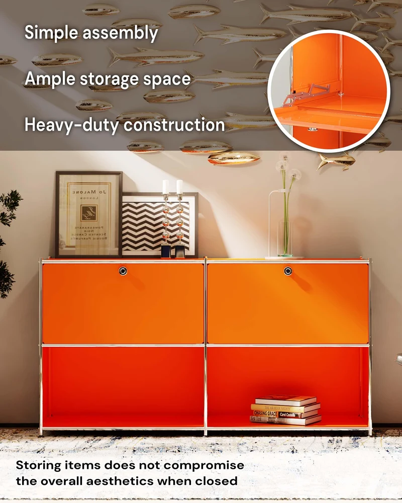 Simplink Buffet en métal avec 2 Portes à Rabat, ameublement Moderne, Parfait pour la Maison, Le Bureau, la Cuisine, Le Couloir, Le Foyer et la Chambre à Coucher (Orange Mat)