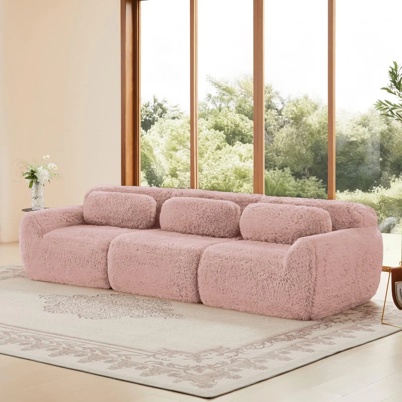 KOMHTOM Canapé Modulaire d'angle en Peluche, Canapé Profond Confortable Moderne pour Salon, Bureau, Rampe Courbée, 291 x 104 x 73cm (Rose)