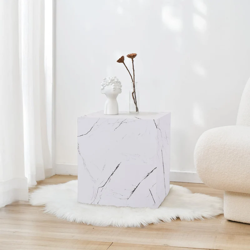 [en.casa] Table d'Appoint en Forme de Cube Bout de Canapé Design Unique Support de Plantes Table de Chevet Capacité de Charge 30 kg MDF 45 x 40 x 40 cm Aspect Marbre Blanc