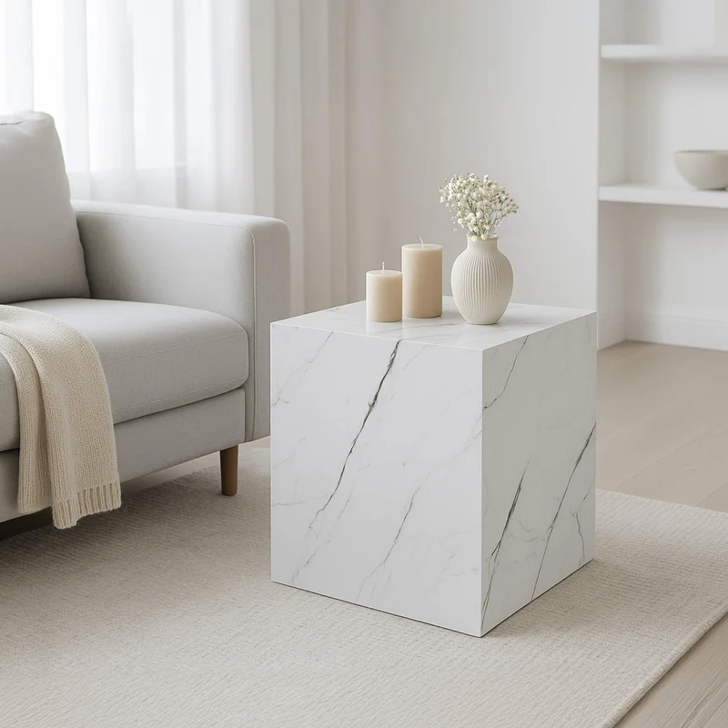 [en.casa] Table d'Appoint en Forme de Cube Bout de Canapé Design Unique Support de Plantes Table de Chevet Capacité de Charge 30 kg MDF 45 x 40 x 40 cm Aspect Marbre Blanc