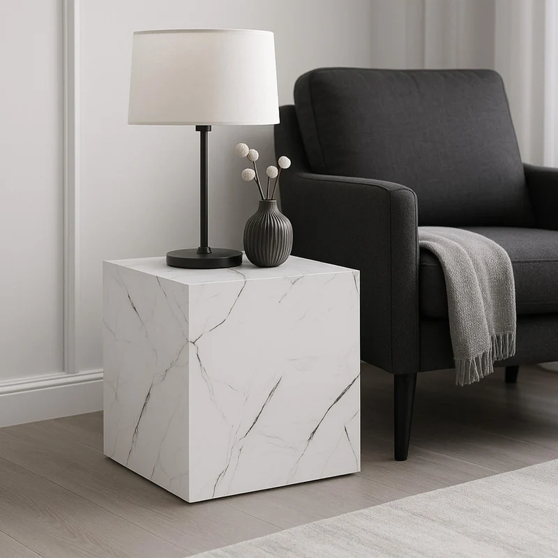 [en.casa] Table d'Appoint en Forme de Cube Bout de Canapé Design Unique Support de Plantes Table de Chevet Capacité de Charge 30 kg MDF 45 x 40 x 40 cm Aspect Marbre Blanc