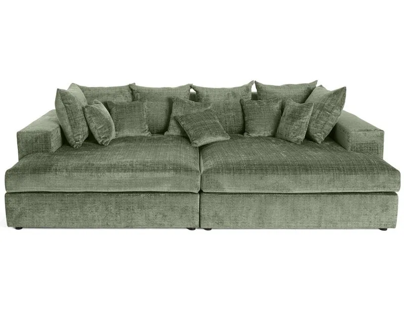Lisa Design - Collins - canapé Droit 4 Places avec Double méridienne - Assise Profonde - en Velours texturé, Vert