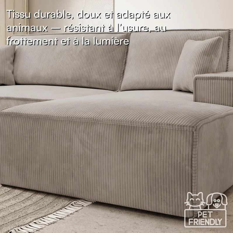 Selsey FARESE New - Canapé d'angle - 267 cm - en L avec Coffre de Rangement canapé Droit en Velours côtelé Beige