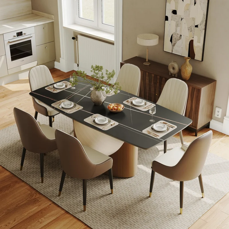 POVISON Table de Salle à Manger 180cm pour 6-8 Personnes, Table à Manger avec Plateau Rectangulaire en Pierre Frittée Noir, Pied en Acier Carbone,Table sans Chaise, 180 * 90 * 75cm