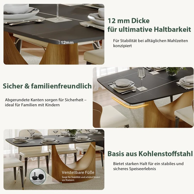 POVISON Table de Salle à Manger 180cm pour 6-8 Personnes, Table à Manger avec Plateau Rectangulaire en Pierre Frittée Noir, Pied en Acier Carbone,Table sans Chaise, 180 * 90 * 75cm