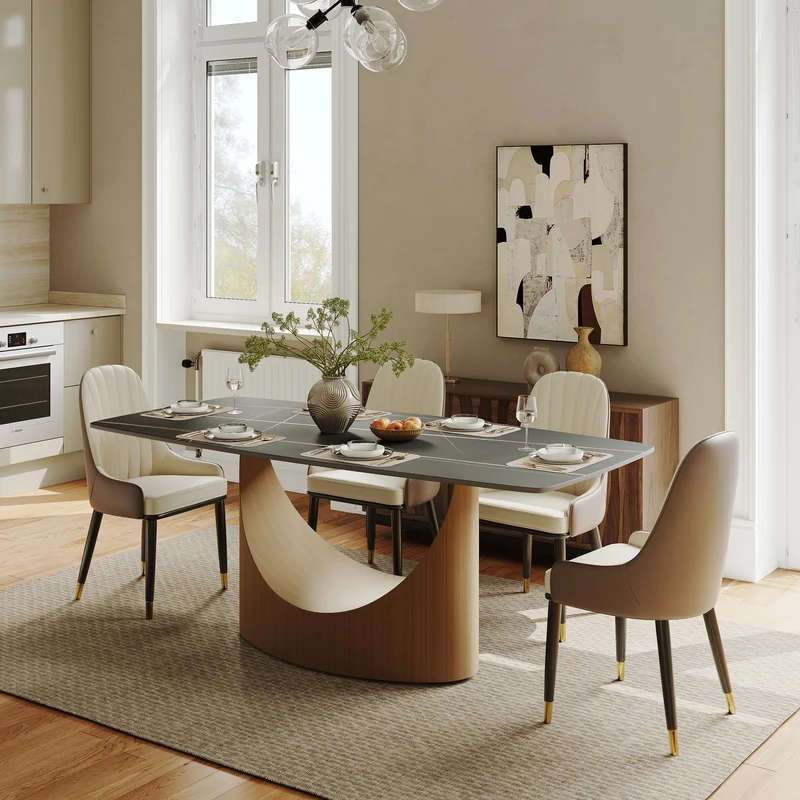 POVISON Table de Salle à Manger 180cm pour 6-8 Personnes, Table à Manger avec Plateau Rectangulaire en Pierre Frittée Noir, Pied en Acier Carbone,Table sans Chaise, 180 * 90 * 75cm