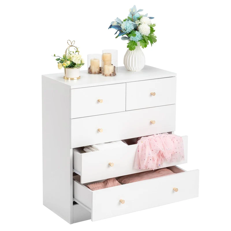 LEADZM Commode Blanche à 5 tiroirs, Meuble Rangement, Commode Chambre, Armoire à tiroirs 66 x 33 x 76cm