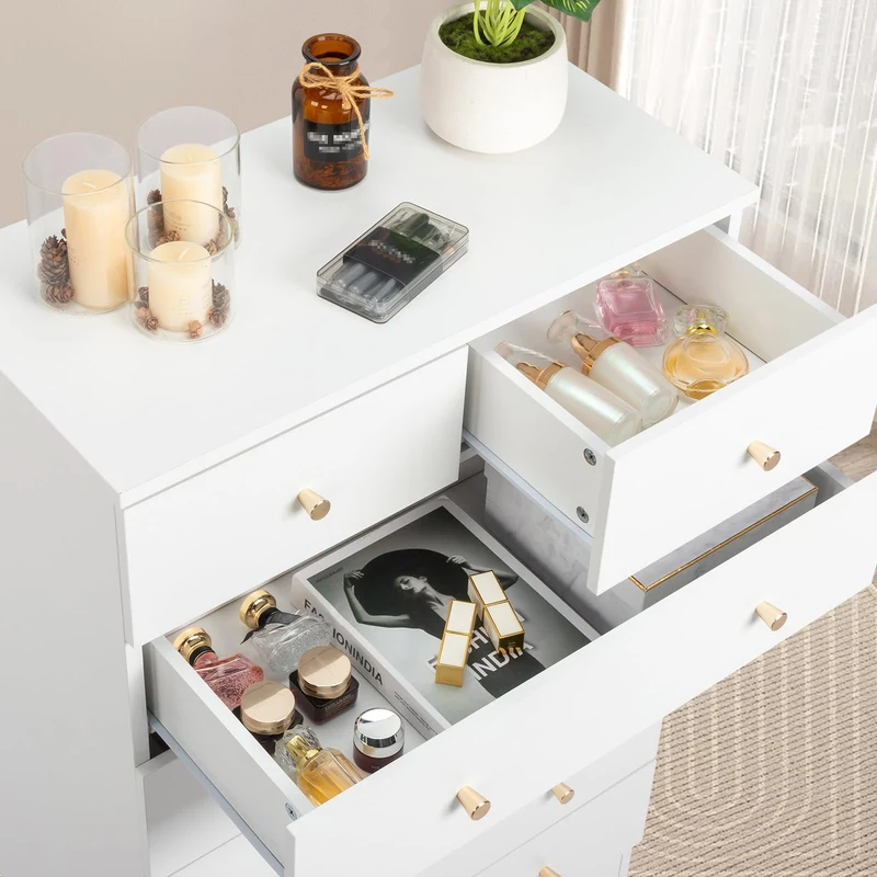 LEADZM Commode Blanche à 5 tiroirs, Meuble Rangement, Commode Chambre, Armoire à tiroirs 66 x 33 x 76cm