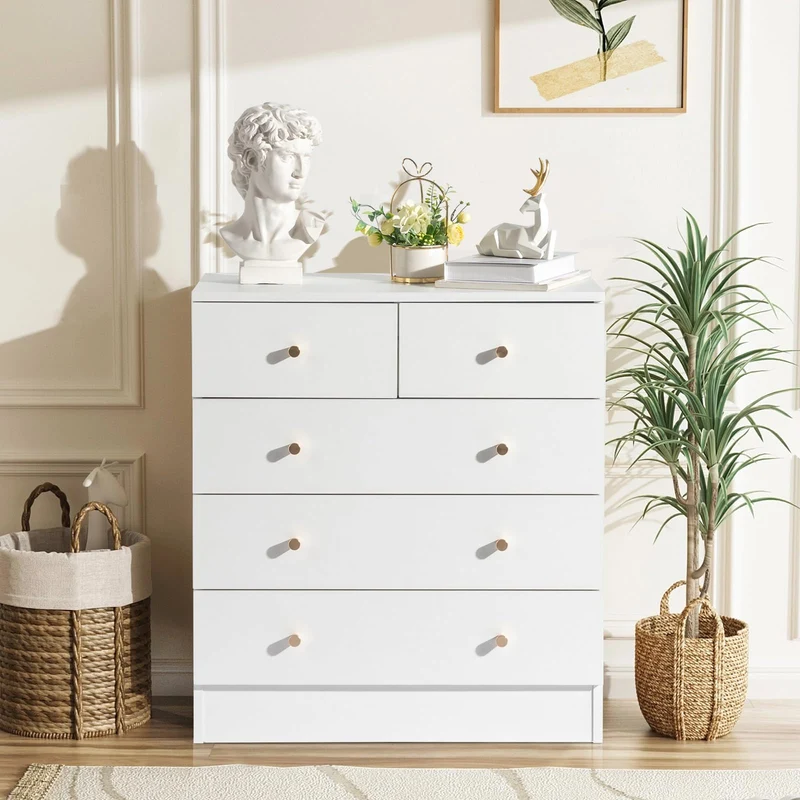 LEADZM Commode Blanche à 5 tiroirs, Meuble Rangement, Commode Chambre, Armoire à tiroirs 66 x 33 x 76cm