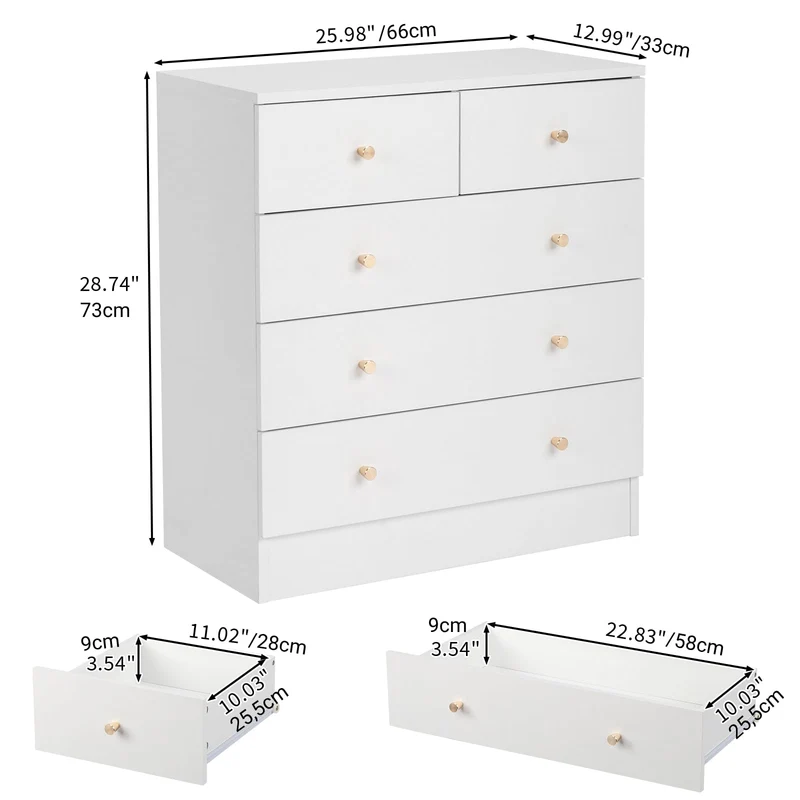 LEADZM Commode Blanche à 5 tiroirs, Meuble Rangement, Commode Chambre, Armoire à tiroirs 66 x 33 x 76cm