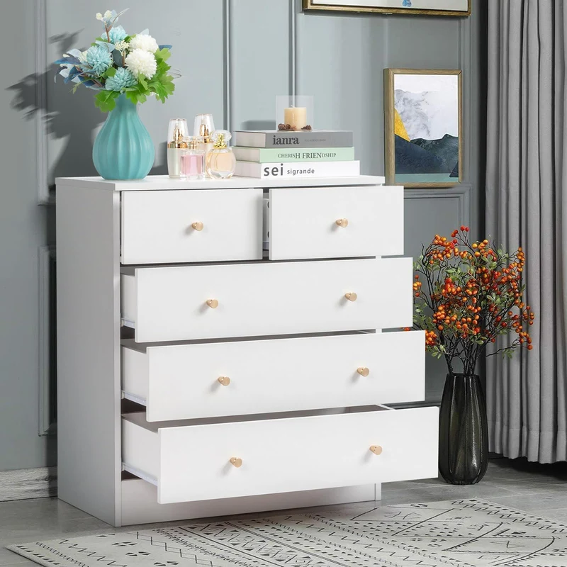 LEADZM Commode Blanche à 5 tiroirs, Meuble Rangement, Commode Chambre, Armoire à tiroirs 66 x 33 x 76cm
