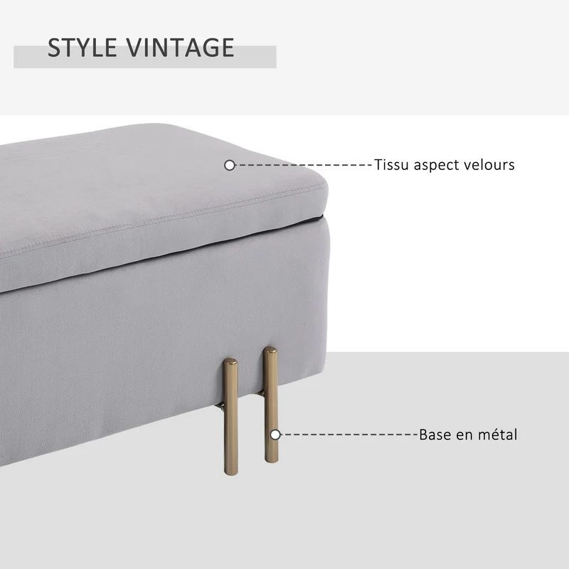 HOMCOM Banc de Rangement Coffre de Rangement Design Contemporain- Banc avec Espace de Stockage - dim. 100L x 40l x 42H cm - Velours Gris Clair piètement métal doré