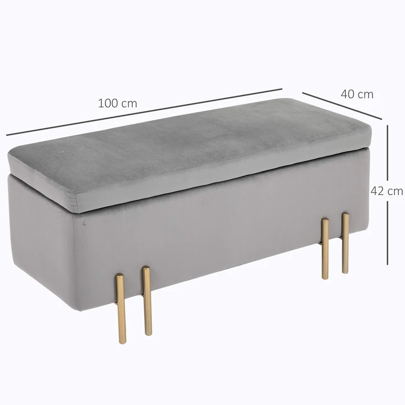 HOMCOM Banc de Rangement Coffre de Rangement Design Contemporain- Banc avec Espace de Stockage - dim. 100L x 40l x 42H cm - Velours Gris Clair piètement métal doré