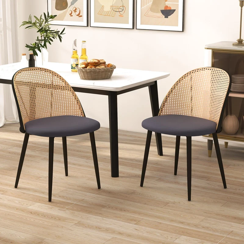 COSTWAY Lot de 2 Chaises Bois Salle à Manger, Chaise Cannage sans Accoudoirs, Siège Rembourré, Pieds Fuselés en Métal, Hauteur d’Assise 46 cm, Chaise en Rotin PE pour Restaurant, Salon