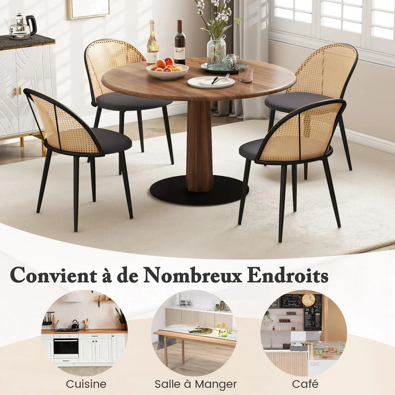 COSTWAY Lot de 2 Chaises Bois Salle à Manger, Chaise Cannage sans Accoudoirs, Siège Rembourré, Pieds Fuselés en Métal, Hauteur d’Assise 46 cm, Chaise en Rotin PE pour Restaurant, Salon