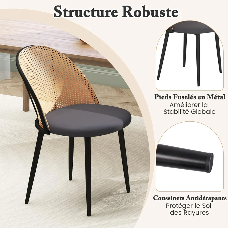 COSTWAY Lot de 2 Chaises Bois Salle à Manger, Chaise Cannage sans Accoudoirs, Siège Rembourré, Pieds Fuselés en Métal, Hauteur d’Assise 46 cm, Chaise en Rotin PE pour Restaurant, Salon