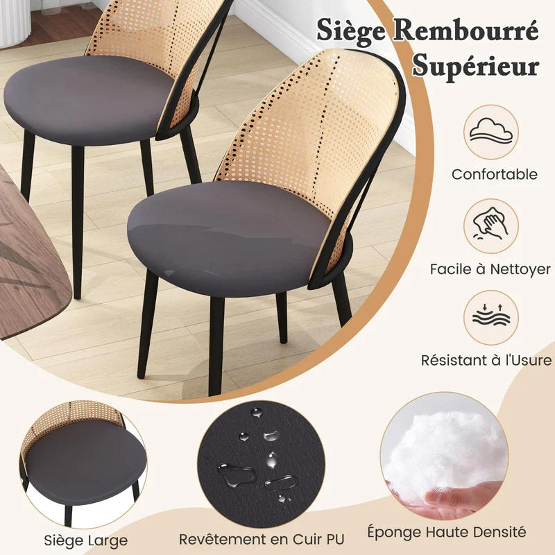 COSTWAY Lot de 2 Chaises Bois Salle à Manger, Chaise Cannage sans Accoudoirs, Siège Rembourré, Pieds Fuselés en Métal, Hauteur d’Assise 46 cm, Chaise en Rotin PE pour Restaurant, Salon