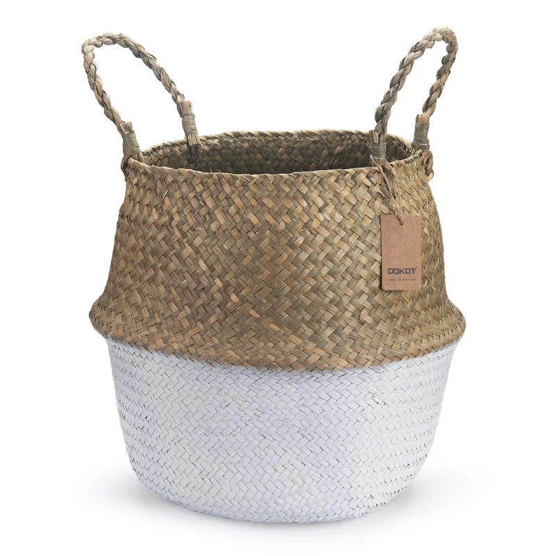 Panier Jonc De Mer Rangement Panier Plante Seagrass de Fleur Corbeille en Paille (Naturel + Blanc)