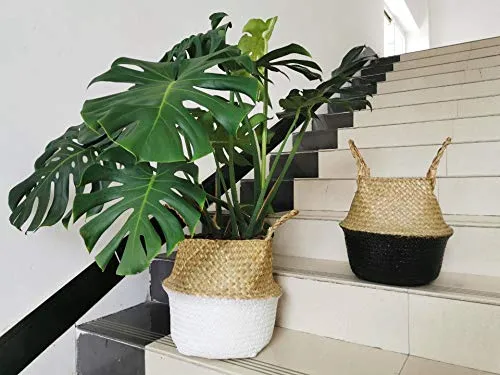 Panier Jonc De Mer Rangement Panier Plante Seagrass de Fleur Corbeille en Paille (Naturel + Blanc)