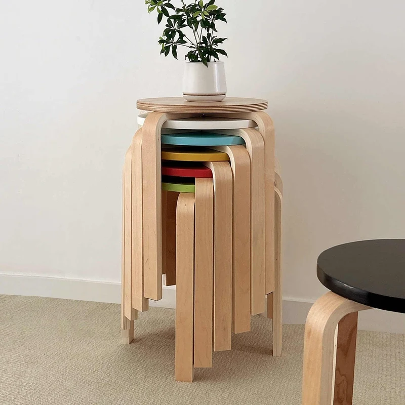 Tabouret Empilable en Bois Massif, Hauteur 45 Cm, sans Dossier, Assise Ronde, Idéal for La Salle À Manger, Le Salon,Et Le Balcon(Yellow)