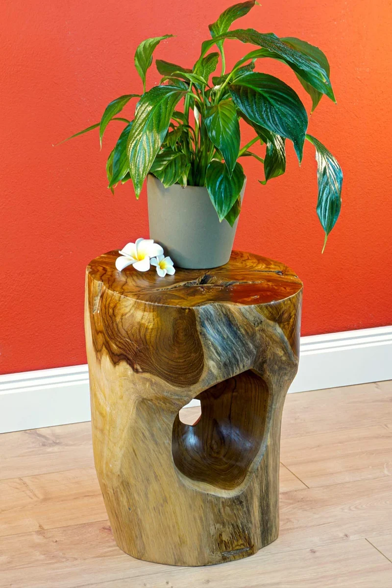 Kinaree Table d'appoint Salavan en Bois de Racine - Tabouret en Teck Massif de 42 cm - Convient comme Support de Fleurs ou Table de Chevet pour Le Salon
