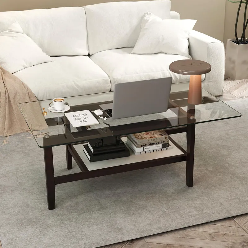 COSTWAY Table Basse Verre Trempé 2 Niveaux, Table Basse Rectangulaire, Pieds en Bois d'Hévéa, 107 x 60 x 42 cm