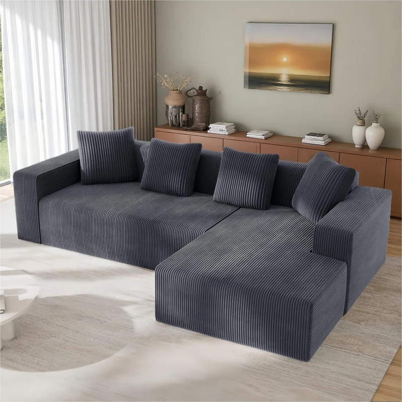 Sapgaks Canapé désossé entièrement compressé,canapé d'angle avec méridienne en Forme de L,Grand canapé 3 Places 261 cm,Profondeur d'assise 70 cm,Velours côtelé,Aucun Assemblage requis (Gris)