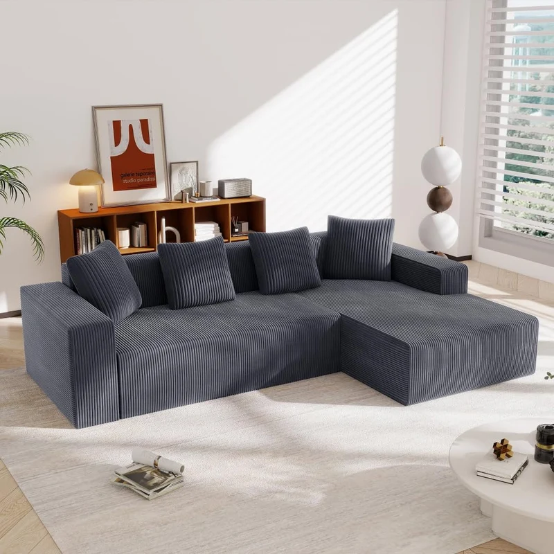 Sapgaks Canapé désossé entièrement compressé,canapé d'angle avec méridienne en Forme de L,Grand canapé 3 Places 261 cm,Profondeur d'assise 70 cm,Velours côtelé,Aucun Assemblage requis (Gris)