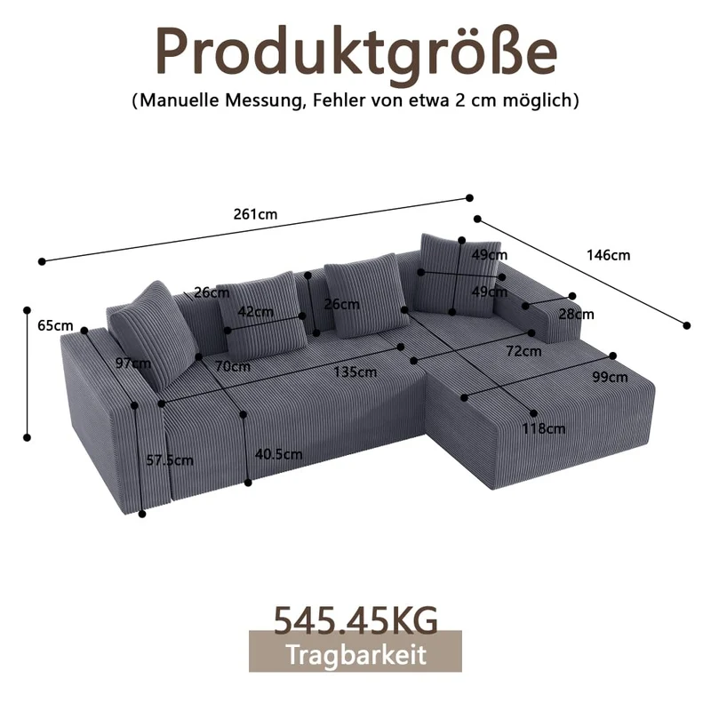 Sapgaks Canapé désossé entièrement compressé,canapé d'angle avec méridienne en Forme de L,Grand canapé 3 Places 261 cm,Profondeur d'assise 70 cm,Velours côtelé,Aucun Assemblage requis (Gris)