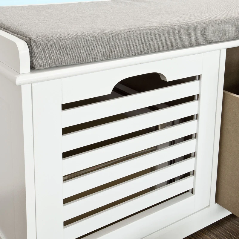 SoBuy Banc Chaussures Entrée Rangement - Meuble à Chaussures avec Coussin Rembourré et 2 Paniers - Banc d’Entrée en Bois pour Couloir - 71x34x43cm, Blanc, FSR23-K-W