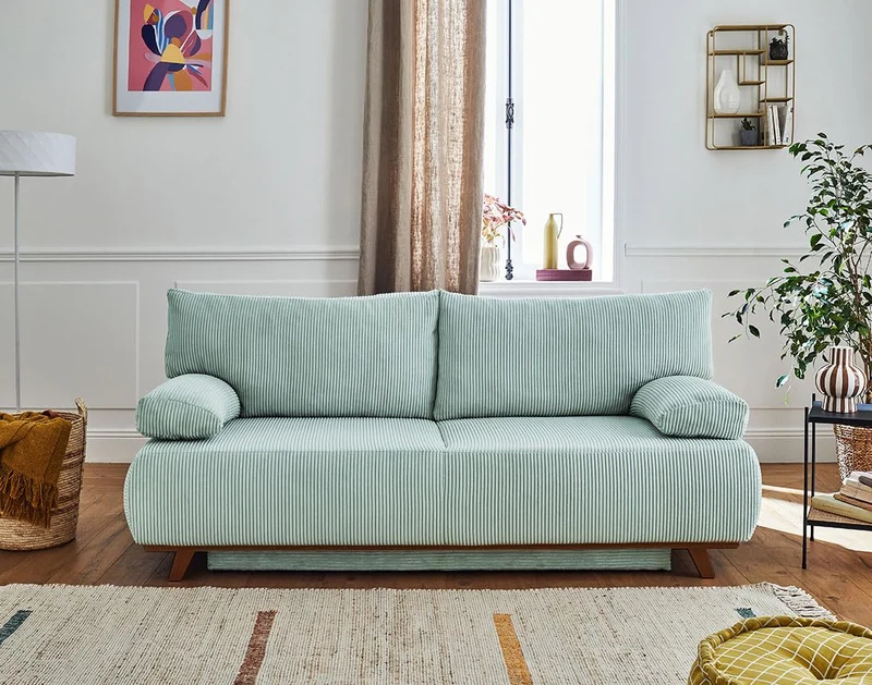 Bestmobilier - Canapé Convertible avec Coffre Cristal en Velours Côtelé - Canapé Lit - Sofa Bleu 3 Places - Salon