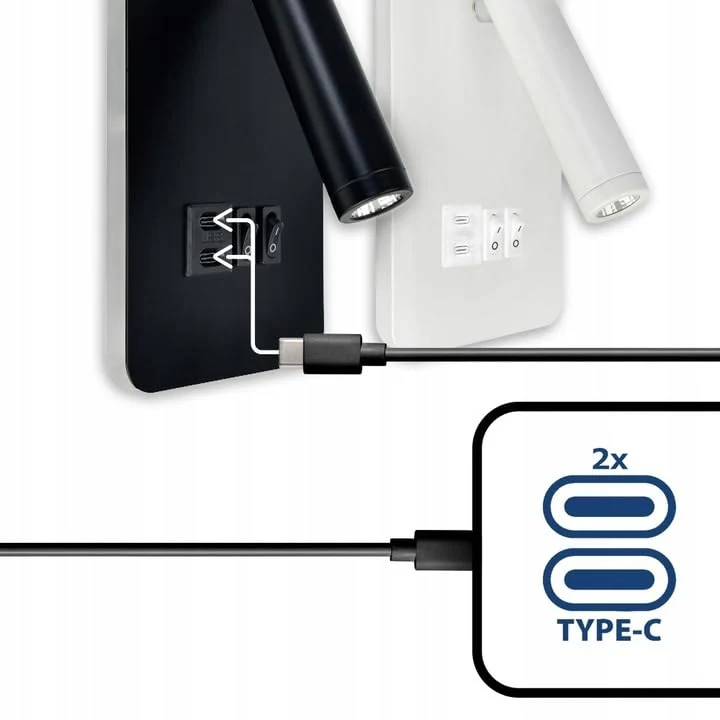 Horoz Electric Applique Murale LED Blanche CUNDA, Lampe Chevet de Lecture Moderne pour Lit avec Interrupteur 10W + 3W, 700lm, 4200K, Blanc Neutre avec Chargeur 2x Type C 5V 2A pour Chambre, Hôtel