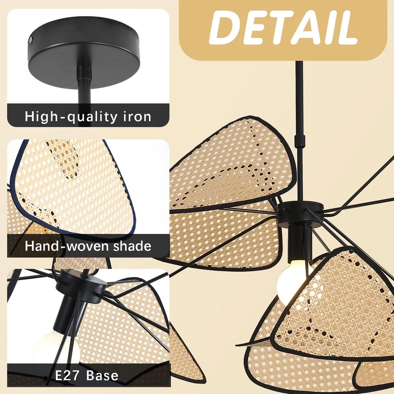 LJYKBFL Suspension Boho, Lustre en rotin, 10 Feuilles de Ferme tissées à la Main, luminaire Suspendu rétro au Plafond, Lustre Suspendu pour Salon, Chambre à Coucher, Salle à Manger, Cuisine