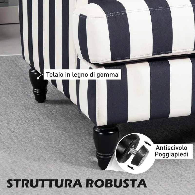 HOMCOM Fauteuil de salon avec assise large et accoudoirs longs, fauteuil en velours à rayures avec rembourrage épais et ressorts en S, 115 x 82 x 82 cm, noir et blanc