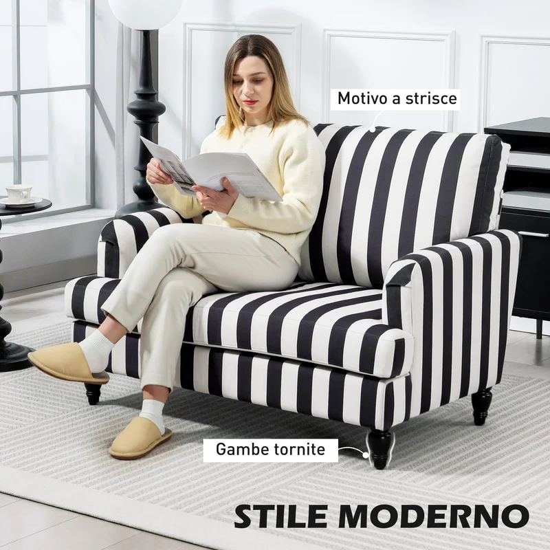 HOMCOM Fauteuil de salon avec assise large et accoudoirs longs, fauteuil en velours à rayures avec rembourrage épais et ressorts en S, 115 x 82 x 82 cm, noir et blanc