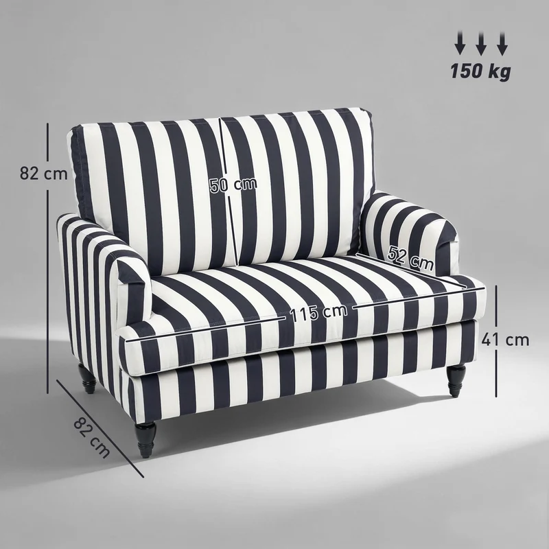 HOMCOM Fauteuil de salon avec assise large et accoudoirs longs, fauteuil en velours à rayures avec rembourrage épais et ressorts en S, 115 x 82 x 82 cm, noir et blanc