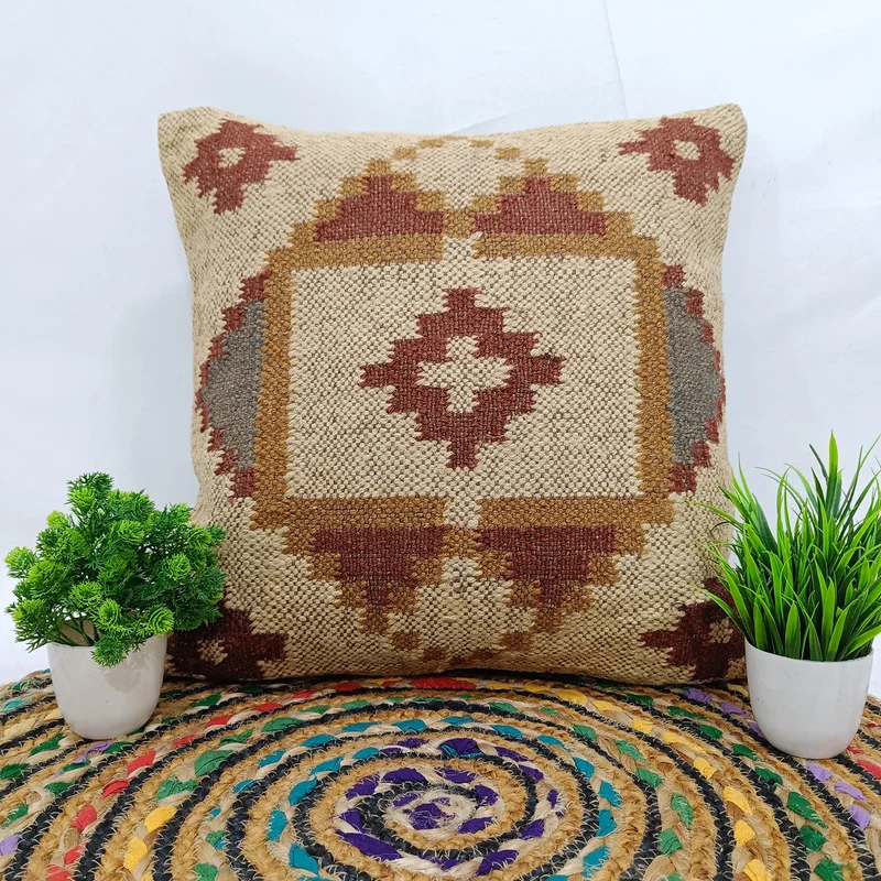 Trade Star Housse de coussin indienne Kilim 45 x 45 cm faite à la main en laine de jute taie d'oreiller d'extérieur tapis Kelim authentique pour décoration d'intérieur