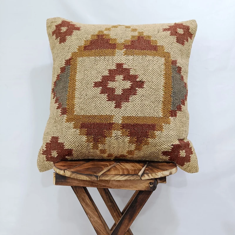 Trade Star Housse de coussin indienne Kilim 45 x 45 cm faite à la main en laine de jute taie d'oreiller d'extérieur tapis Kelim authentique pour décoration d'intérieur