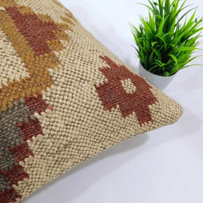 Trade Star Housse de coussin indienne Kilim 45 x 45 cm faite à la main en laine de jute taie d'oreiller d'extérieur tapis Kelim authentique pour décoration d'intérieur