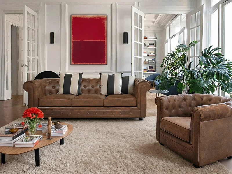 Vente-unique - Fauteuil Chesterfield en Microfibre Aspect Cuir Vieilli