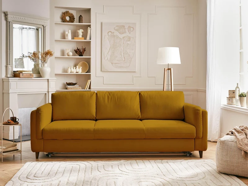 Lisa Design - Canapé Convertible Brooke en Velours - Canapé Lit - Sofa Jaune 3 Places - Salon