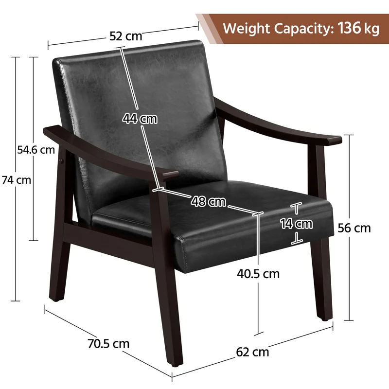 Yaheetech Fauteuil de Salon avec Accoudoirs Courbes Chaise Ergonomique Cadre en Bois d’hévéa pour Salon Chambre Salle de Séjour Bureau 62×70×74 cm Noir