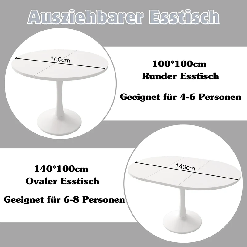 Bladez Table à manger, extensible, pour 6 à 8 personnes, ovale, 140 x 75 cm, moderne, simple, blanche