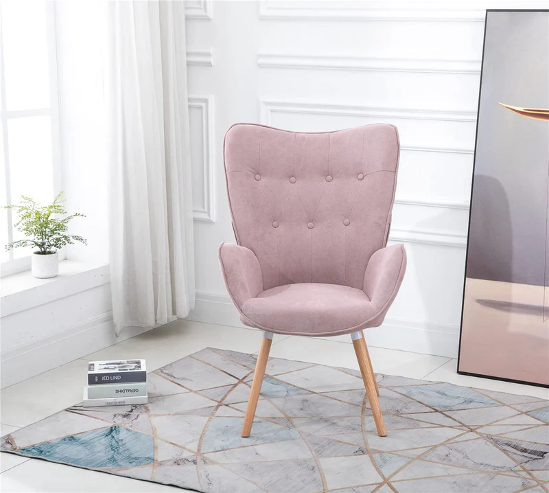 FURNISH1 Fauteuil Salon, Surface de siège en Tissu Rose, Dossier Confortable, Jambes de Tabouret en Bois Massif.