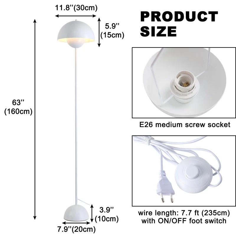 Alpinaluz Lampadaire en Acier avec Abat-jour Bombé – Style Scandinave et Rétro – Éclairage Indirect vers le Bas – Douille E27 – Interrupteur au Pied – Pour Salon ou Chambre (Blanc)