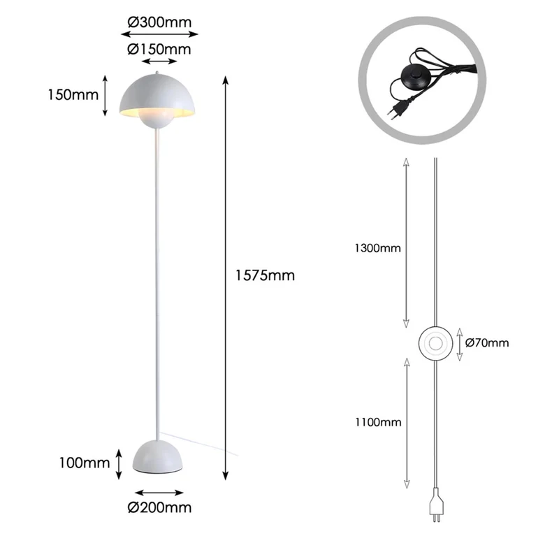 Alpinaluz Lampadaire en Acier avec Abat-jour Bombé – Style Scandinave et Rétro – Éclairage Indirect vers le Bas – Douille E27 – Interrupteur au Pied – Pour Salon ou Chambre (Blanc)