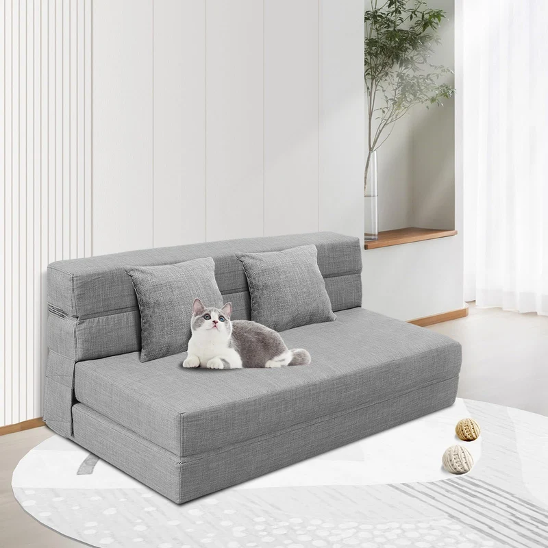ANONER Canapé-lit Pliant 3 en 1, 2 oreillers et Housse Lavable, canapé-lit futon en Mousse à mémoire de Forme, pour Salon, Chambre, Gris Clair, 2 Places 203 × 152cm (Queen)
