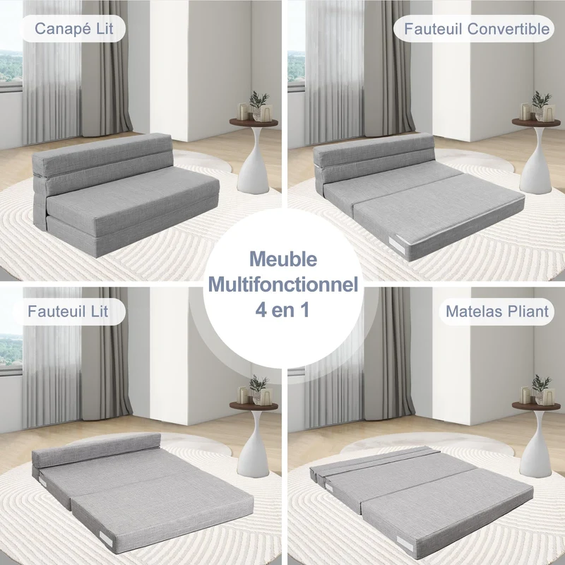 ANONER Canapé-lit Pliant 3 en 1, 2 oreillers et Housse Lavable, canapé-lit futon en Mousse à mémoire de Forme, pour Salon, Chambre, Gris Clair, 2 Places 203 × 152cm (Queen)